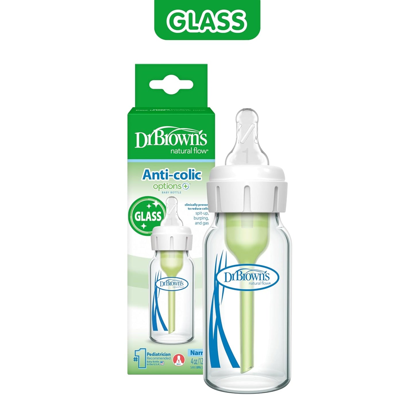 Dr. Brown's Anti-Colic Options+ Narrow Glass Baby Bottle with Level 1 Slow Flow Nipple, BPA-Free, 8 oz/250 mL, 0m+, 4-Pack (Packaging May Vary)