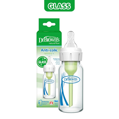 Dr. Brown's Anti-Colic Options+ Narrow Glass Baby Bottle with Level 1 Slow Flow Nipple, BPA-Free, 8 oz/250 mL, 0m+, 4-Pack (Packaging May Vary)
