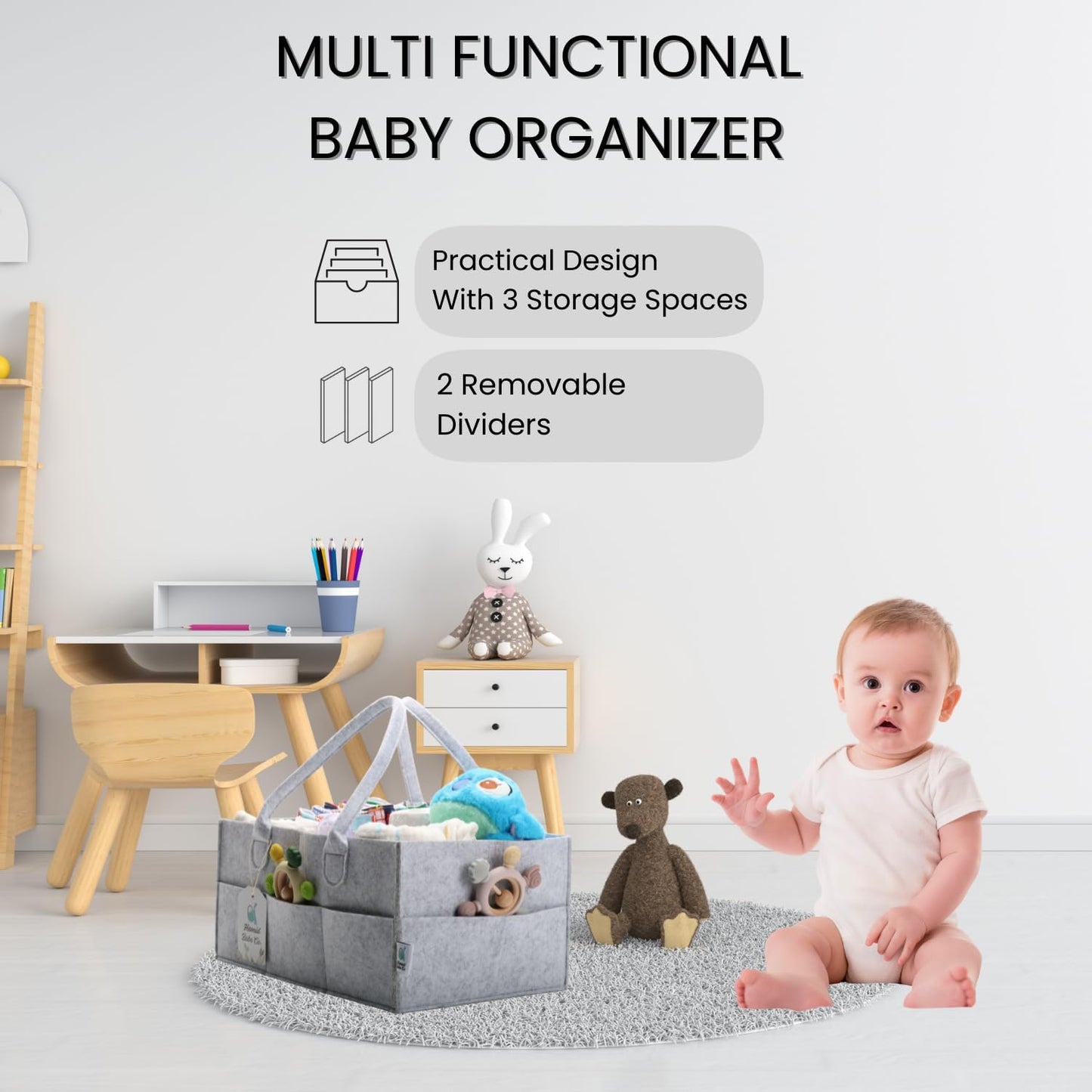 Hamid Baby Diaper Caddy Organizer – Includes Infant Face Cleaning Towel – Large Portable Nursery Storage Basket with 3 Compartments, 8 Pockets, Removable Dividers – Car, Travel Diaper Bag - Grey