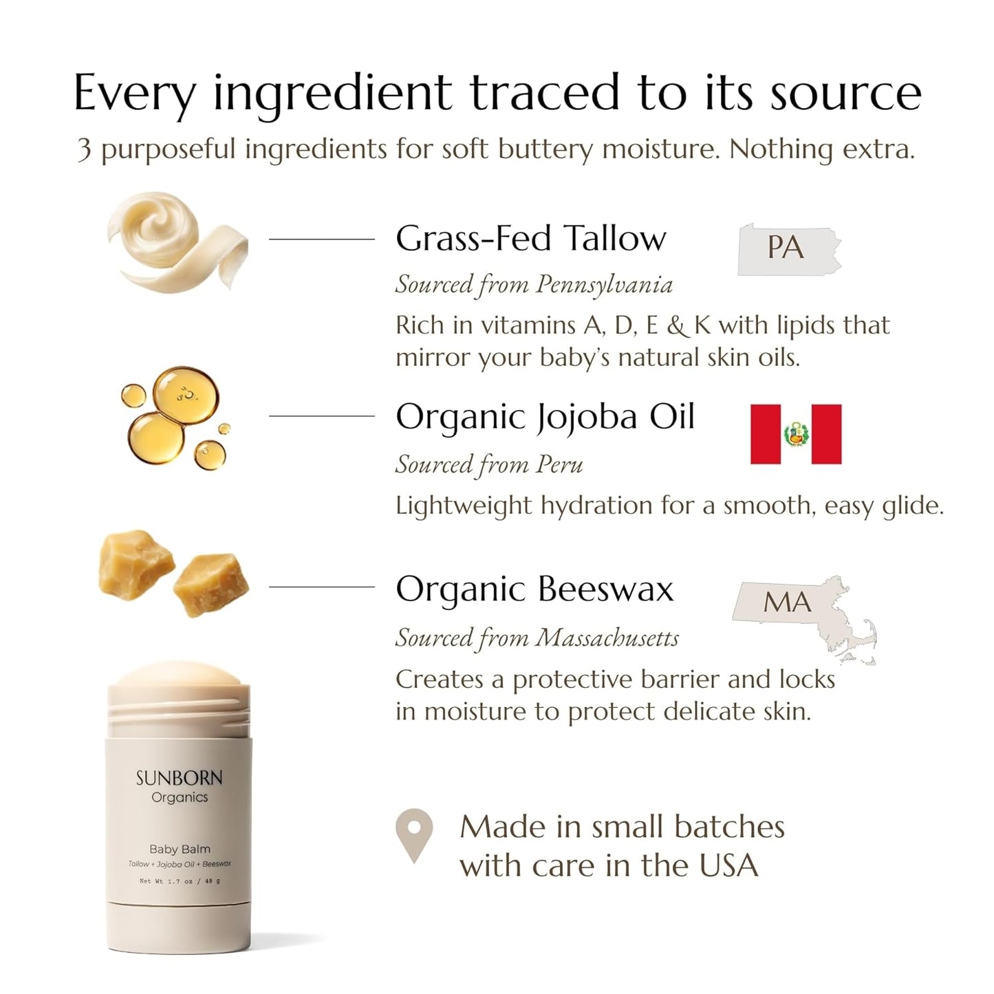 Baby Balm | 3 Natural Ingredient Moisturizing Stick for Eczema Relief, Sensitive Skin & Diaper Rash | Grass-Fed Tallow, Organic Jojoba & Beeswax | Lab Tested Baby-Safe, Made in USA