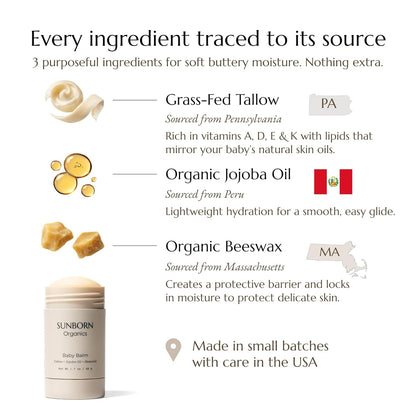 Baby Balm | 3 Natural Ingredient Moisturizing Stick for Eczema Relief, Sensitive Skin & Diaper Rash | Grass-Fed Tallow, Organic Jojoba & Beeswax | Lab Tested Baby-Safe, Made in USA