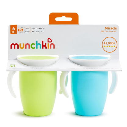 Munchkin Sippy Cup for 6 Month Old and Up, Spill Proof Miracle 360 Toddler Cups with Transition Handles, 7 Ounce, 2 Pack, Blue/Green