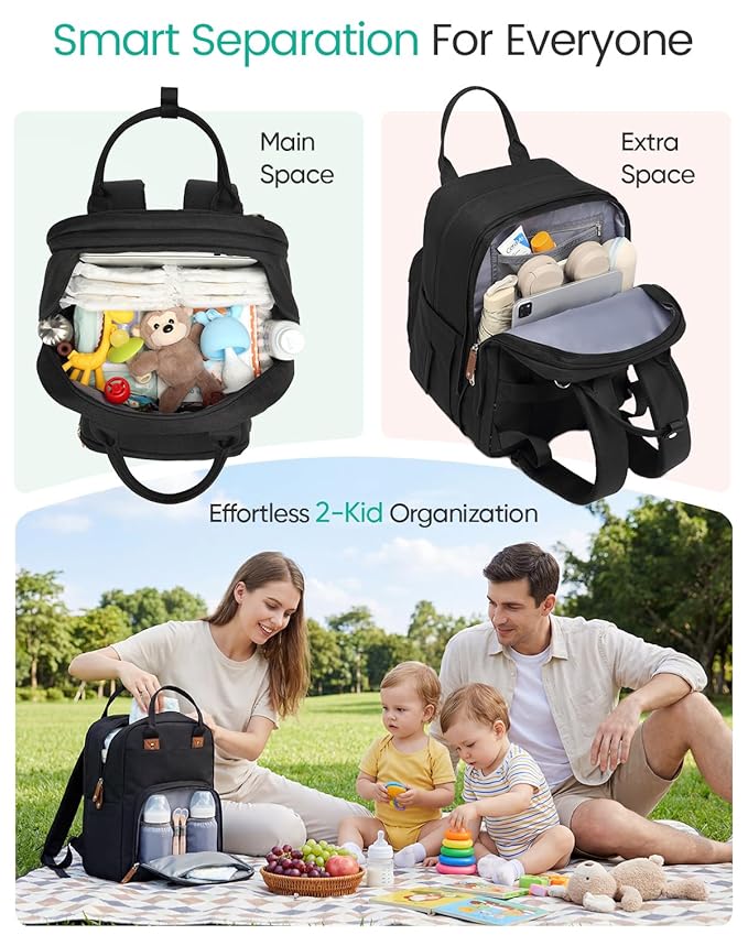 Qualyphant Extra Large Diaper Bag Backpack for Two Kids Twins - Expandable Baby Bag (26-36L), Dual Big Compartments - Includes Changing Pad & Stroller Straps, Unisex Black