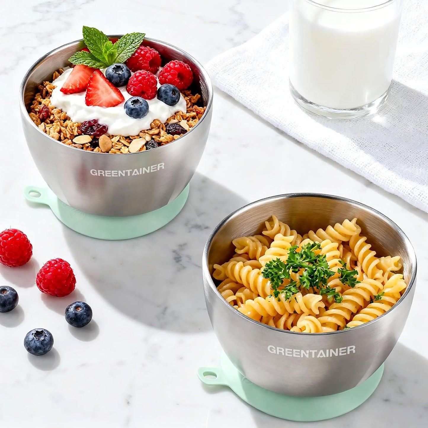 Greentainer Stainless Steel Baby Bowl Set of 3, Double Wall Insulated, Unbreakable Toddler Bowls with Removable Silicone Suction Base, Non-Slip, Dishwasher Safe, BPA-Free for Infants 6+ Months (Green)