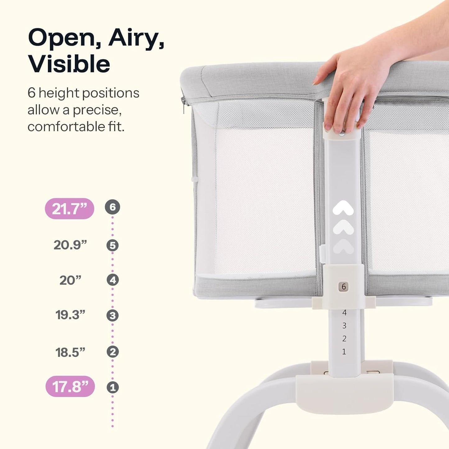 HARPPA Cuddly Lite Bassinet, 2 in 1 Baby Bassinet with Breathable Mesh and Mattress, 6 Height Adjustable, Bedside Sleeper with Anchor Strap, Storage Basket and Wheels, Light Grey