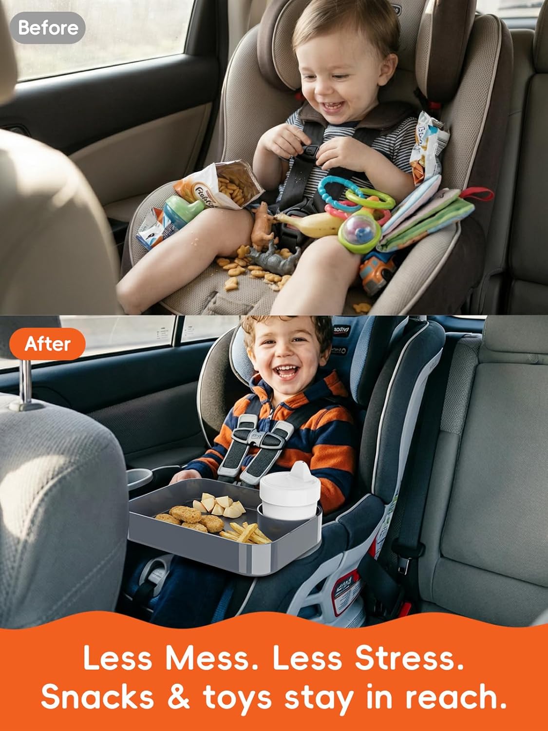 Car Seat Cup Holder Snack Tray for Kids, Reduces Mess, Detachable Large Base & Adjustable Ring, Carseat Tray for Toddler, Car Seat Food Tray Table for Kid Travel Road Trip Essentials -Light Gray