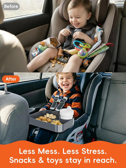 Car Seat Cup Holder Snack Tray for Kids, Reduces Mess, Detachable Large Base & Adjustable Ring, Carseat Tray for Toddler, Car Seat Food Tray Table for Kid Travel Road Trip Essentials -Light Gray