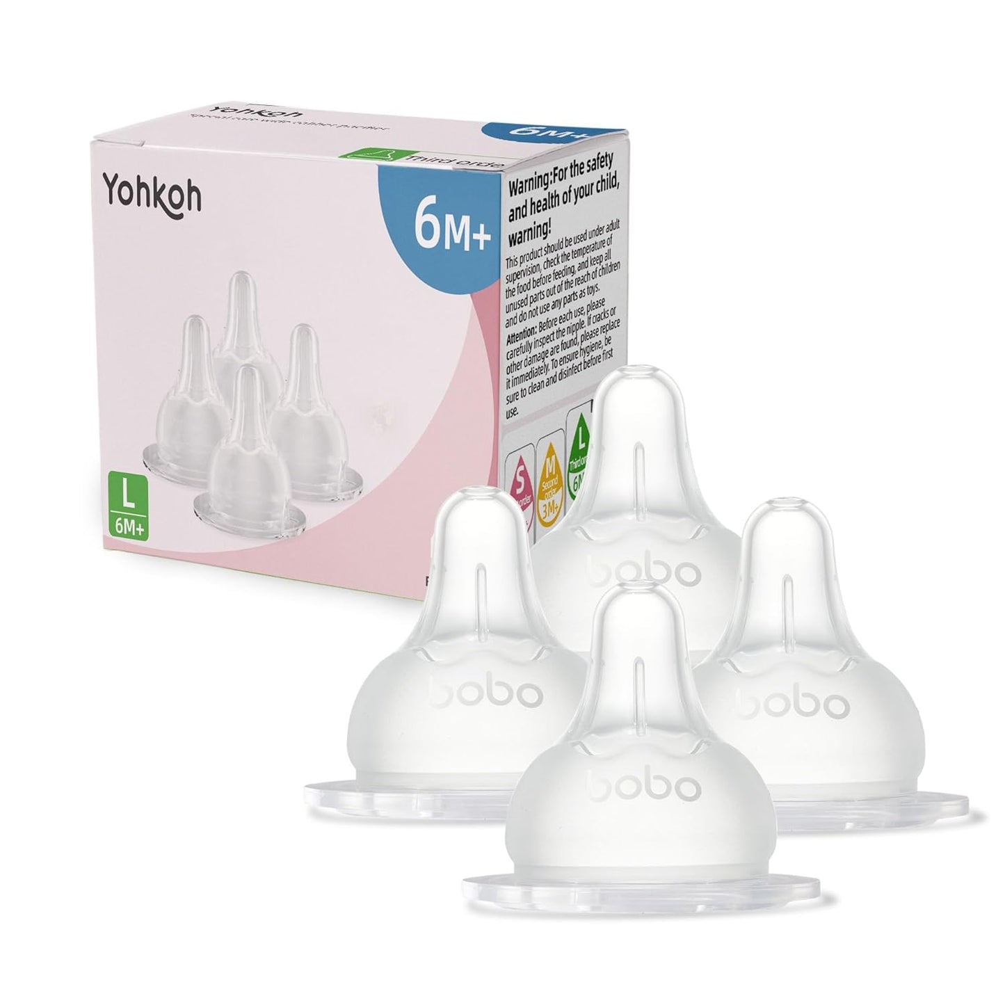 YOHKOH Baby Bottle Nipples for Wide Neck Bottles, 100% Natural Feel Silicone Nipples, BPA-Free (3m+, M, 4 Counts)