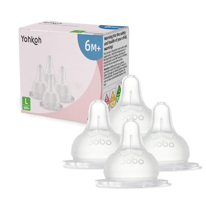 YOHKOH Baby Bottle Nipples for Wide Neck Bottles, 100% Natural Feel Silicone Nipples, BPA-Free (3m+, M, 4 Counts)