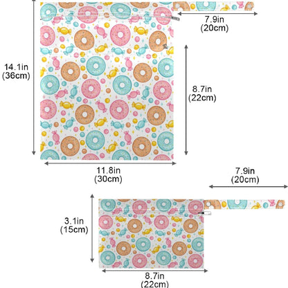 visesunny Colorful Donut Candy 2Pcs Wet Bag with Zippered Pockets Washable Reusable Roomy for Travel,Beach,Pool,Daycare,Stroller,Diapers,Dirty Gym Clothes, Wet Swimsuits, Toiletries