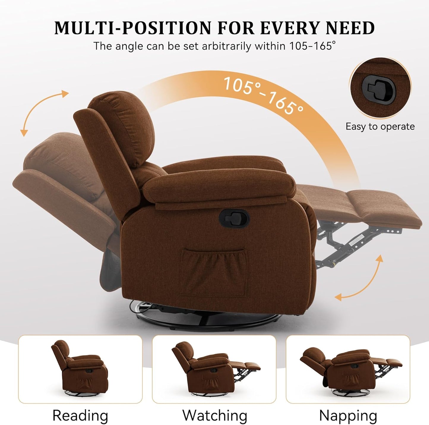 Korser Recliner Chair, 360 Swivel Rocker Chair for Adults, Small Rocking Recliner for Small Spaces, Upholstered Fabric Glider Recliner Nursery