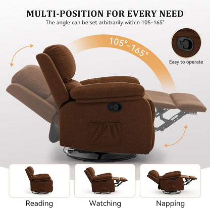 Korser Recliner Chair, 360 Swivel Rocker Chair for Adults, Small Rocking Recliner for Small Spaces, Upholstered Fabric Glider Recliner Nursery