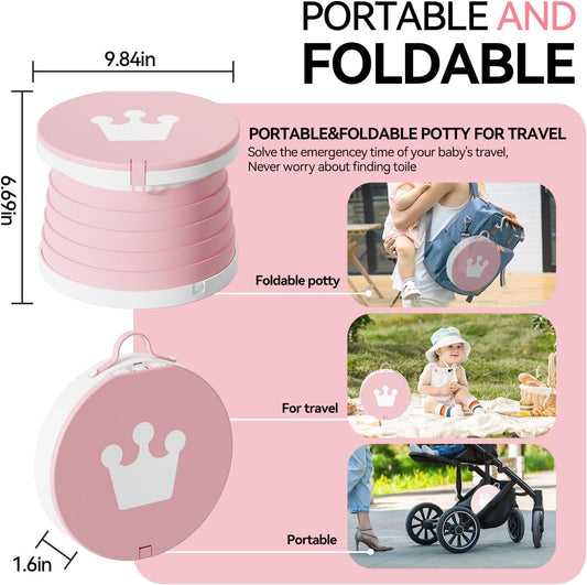 Portable Foldable Toddler Travel Potty - Medium Pink Potty Seat, Emergency Toilet for Car Camping Hiking, Lightweight Potty Chair for Indoor Outdoor Toddler Use