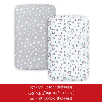 Pack and Play Sheets, 2 Pack Mini Crib Sheets, Stretchy Playard Fitted Sheet, Compatible with Graco Pack n Play, Soft and Breathable Material, Planet & Flower