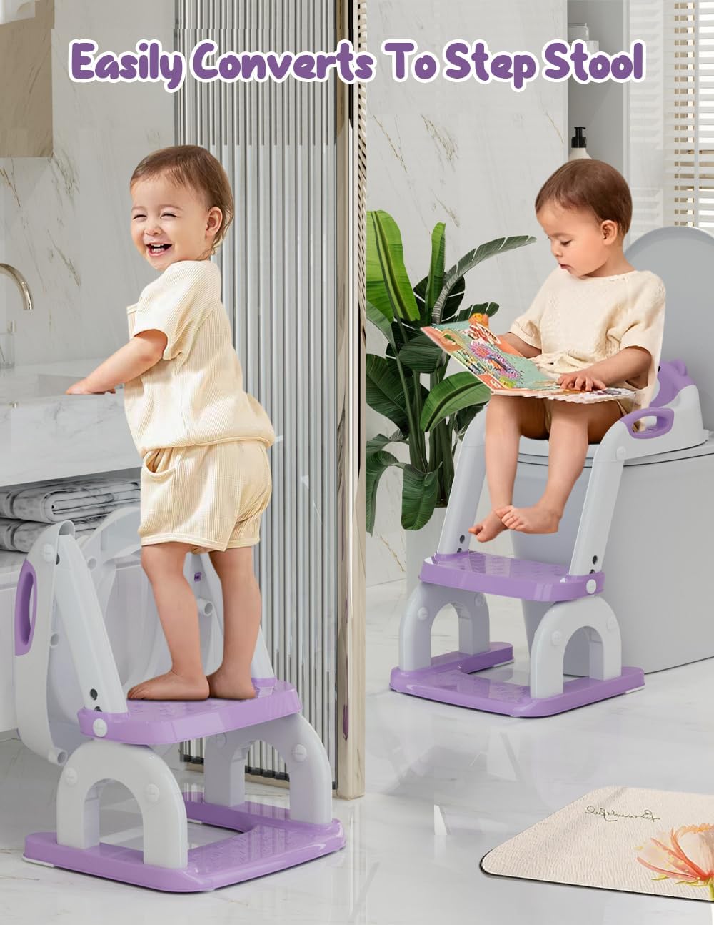 Potty Training Seat with Step Stool, Toddler Potty Training Toilet Seat with Non-Slip Step Splash Guard Safety Handles and Waterproof Cushion, 2 In 1 Toddler Potty Seat