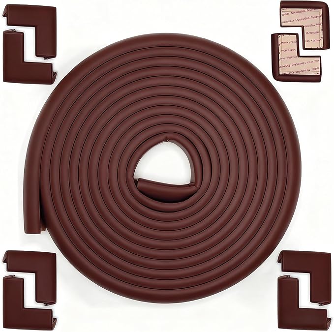 Furniture Edge Corner Protector (16.7ft Edge 8 Corners), Baby Proof Bumper Guards, Soft NBR Safety Pre-Taped Rubber Foam for Table, Desk, Fireplace (Brown)