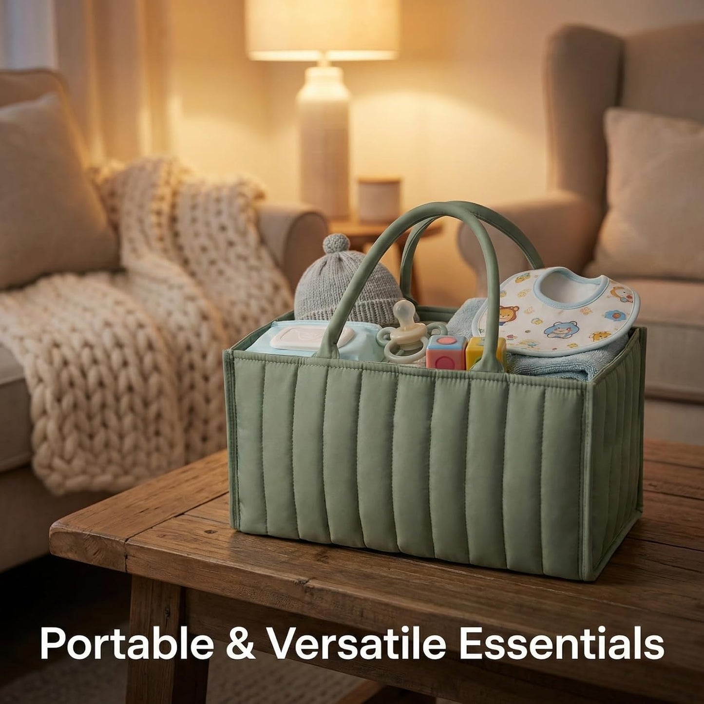 Portable Baby Essentials Organizer, 15x10x7 Inch Diaper Caddy for Nursery Storage, Handy Car Organizer for Newborn Must Haves