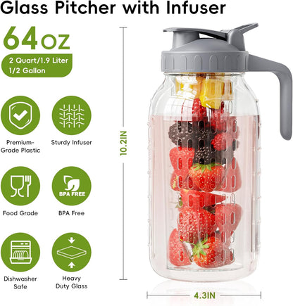 JunVpic Breast Milk Pitcher - 32 oz Glass Mason Jar with Dual Leak-Proof Design, Airtight Seal, Pour Spout & Handle, Storage Container for Breastmilk, Iced Tea & Ice Drinks（Gray）