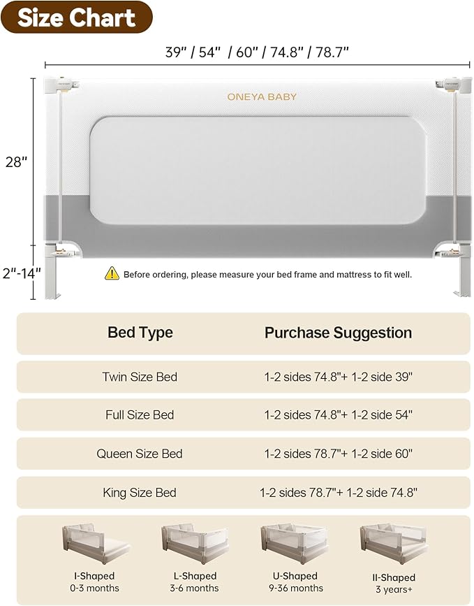 Baby Bed Rail Guard for Toddlers, Reinforced 60in Toddler Bed Rails for Queen Bed with Height Adjustable, Extral Tall Child Safety Side Railing Guards/Bedrail for Kids,White/Grey, 1 Side 60" Lx28 H