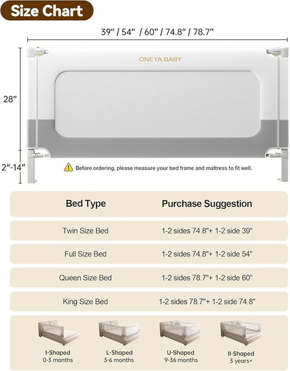 Baby Bed Rail Guard for Toddlers, Reinforced 60in Toddler Bed Rails for Queen Bed with Height Adjustable, Extral Tall Child Safety Side Railing Guards/Bedrail for Kids,White/Grey, 1 Side 60" Lx28 H