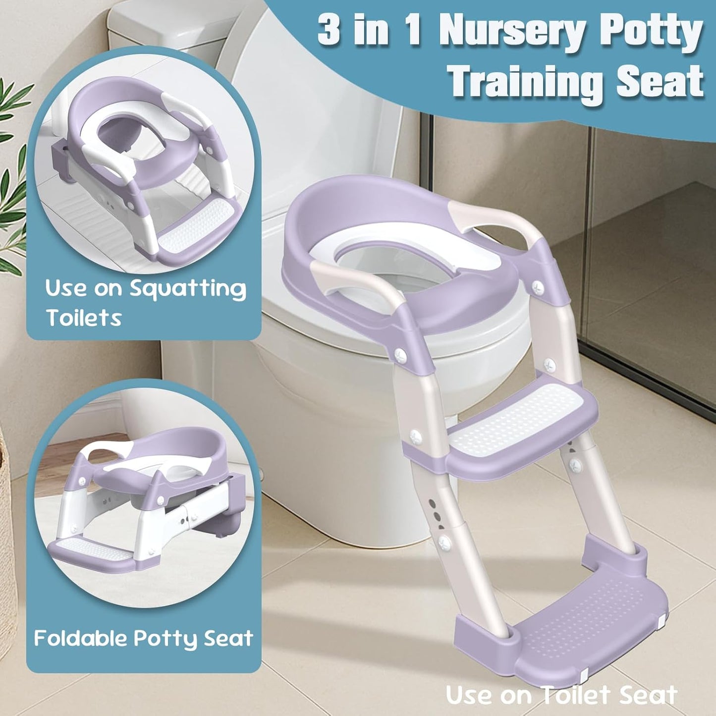 Potty Training Seat, Toddler Potty Training Toilet with Step Stool Ladder for Kids Boys Girls, 3 in 1 Foldable Toilet Seat Potty Chair with Urinals, Splash Guard, Handles, Anti-Slip Pad,Grey