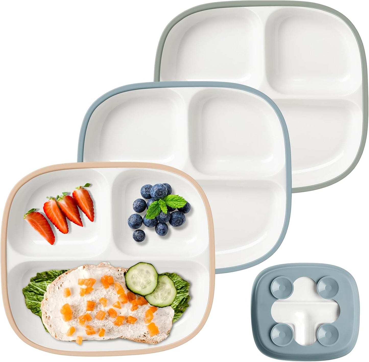 Domensi Kids Porcelain Plates with Silicone Sleeves 8.2 Inch Divided Porcelain Plate Toddler White Suction Dishes for Baby Troubleless Eating Microwave Dishwasher Safe(Stylish,3 Set)