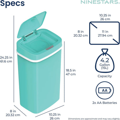 Ninestars NPT-16-1TB Automatic Touchless Motion Sensor Diaper Disposal Trash Can with lid, 4.2 gallon/16 L, Teal Blue, Plastic