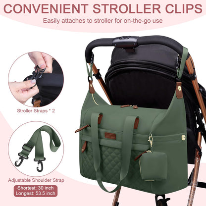 Pritent Diaper Bag Tote - Diaper Baby Bags with Pacifier Case, Shoulder Straps, Stroller Clips, Waterproof Large Mommy Maternity Travel Baby Bag for Mom and Dad, Green, Medium