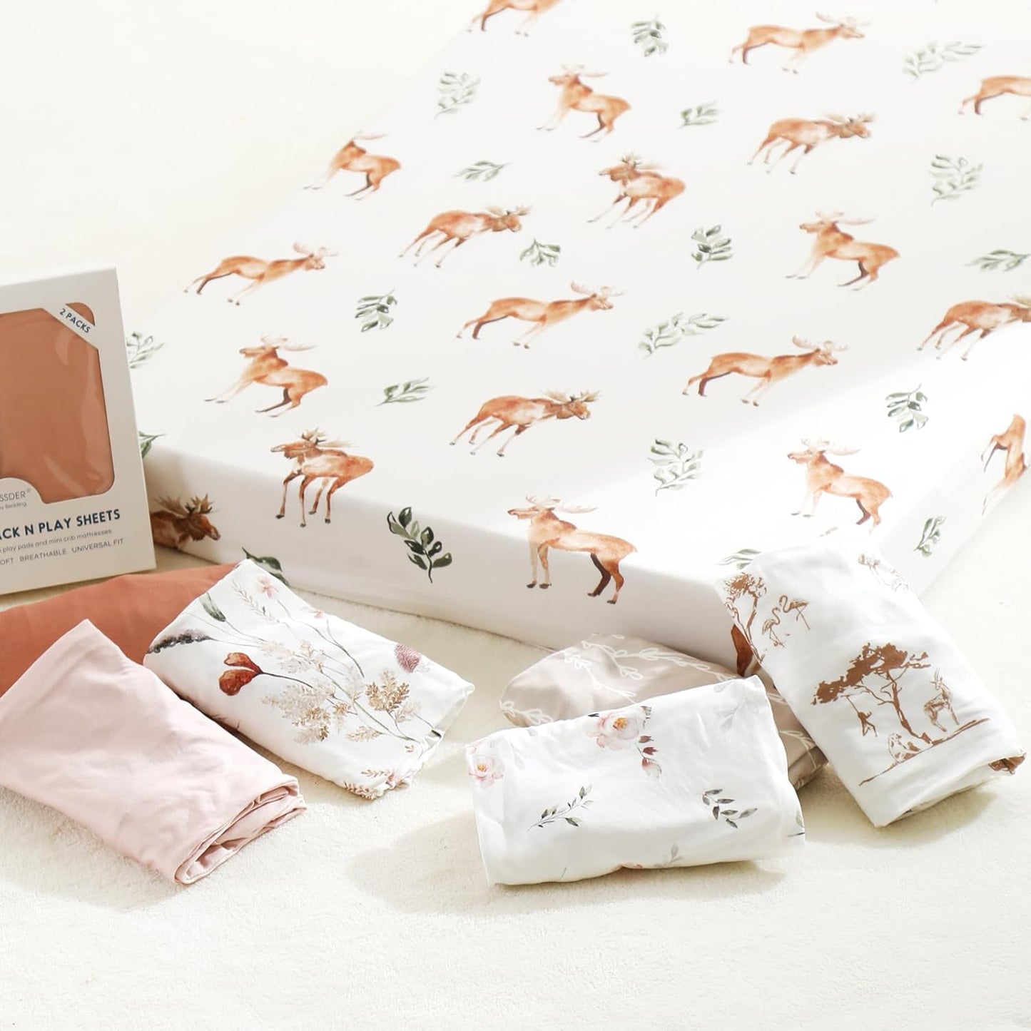 GRSSDER Stretch Ultra Soft Jersey Knit Fitted Pack n Play Playard Sheets Set 2 Pack，Fits Portable/Mini Cribs Sheets, Playards Mattress Pads, Stylish Watercolor Animals for Baby, Mint Green