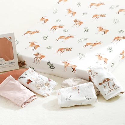 GRSSDER Stretch Ultra Soft Jersey Knit Fitted Pack n Play Playard Sheets Set 2 Pack，Fits Portable/Mini Cribs Sheets, Playards Mattress Pads, Stylish Watercolor Animals for Baby, Mint Green