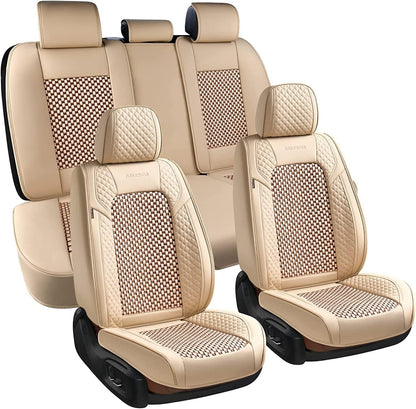 Coverado Leather Seat Covers for Car, Waterproof Car Seat Covers Full Set, 2 in 1 Conversions Car Seat Cover Protector Car Accessories Universal Fit for Most Cars SUVs and Trucks Beige