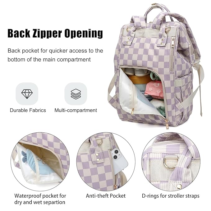 Baby Diaper Bag Backpack for Mom, Large Capacity Travel Nappy Bag for Boys & Girls with Stroller Straps (Corduroy Checkered Purple)