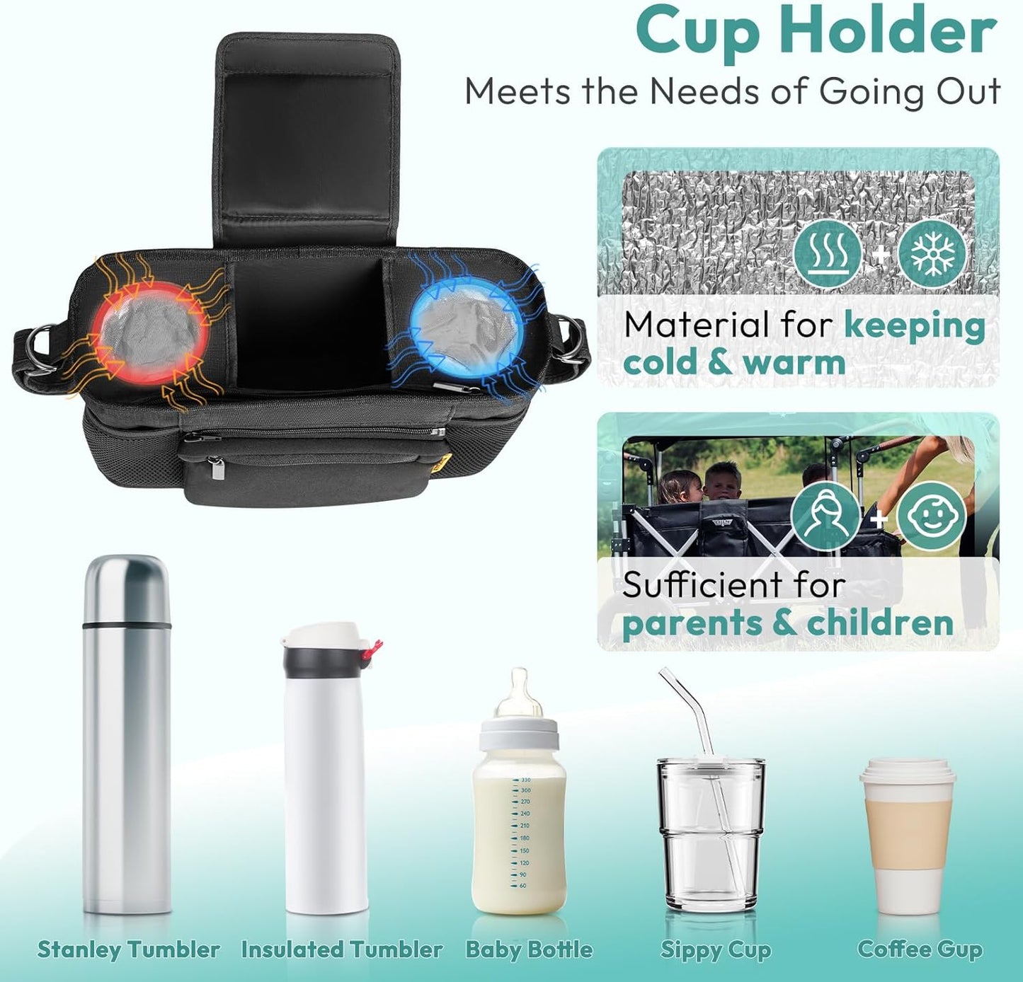 Parent Console Fits for Wonderfold W2&X2, Wagon Stroller Organizer with 2 Insulated Cup Holders, Multiple Storage Pockets, Detachable Pouch, Removable Shoulder Strap, Essential of Family