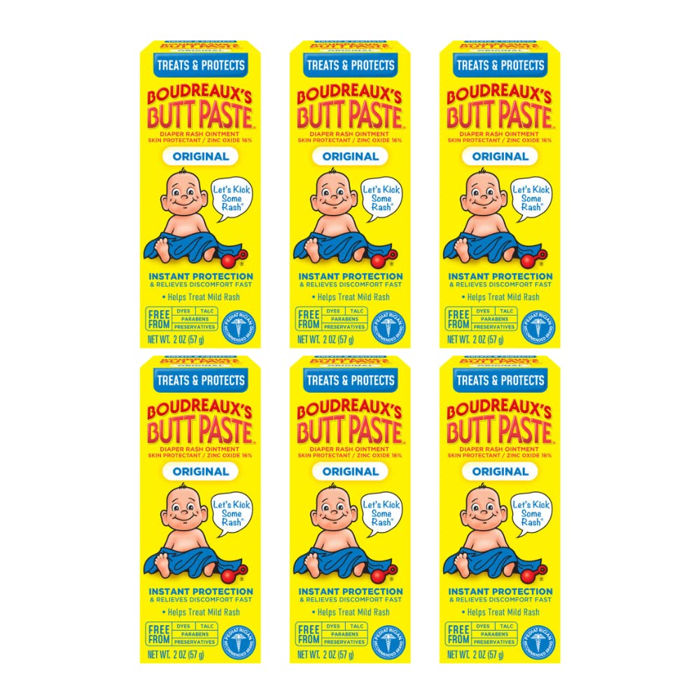 Boudreaux’s Butt Paste Diaper Rash Ointment, Baby Rash Cream Skin Protectant, Fast Relief for Diaper Rash, Soothing Barrier Cream, Original, 2 Ounce Tube (Pack of 6)
