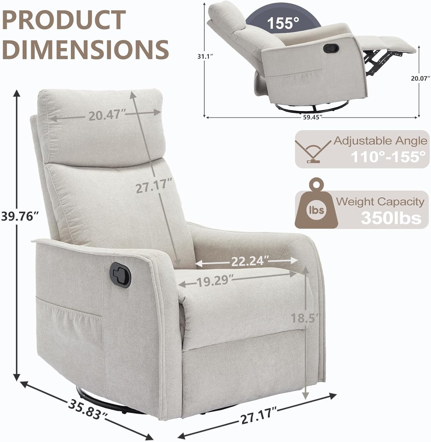 cinkehome Swivel Rocker Recliner, Glider Rocker Recliner Chair for Nursery, Manual Reclining Chair with Heated Massage, Small Spaces, Living Room, Khaki Chenille