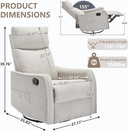 cinkehome Swivel Rocker Recliner, Glider Rocker Recliner Chair for Nursery, Manual Reclining Chair with Heated Massage, Small Spaces, Living Room, Khaki Chenille
