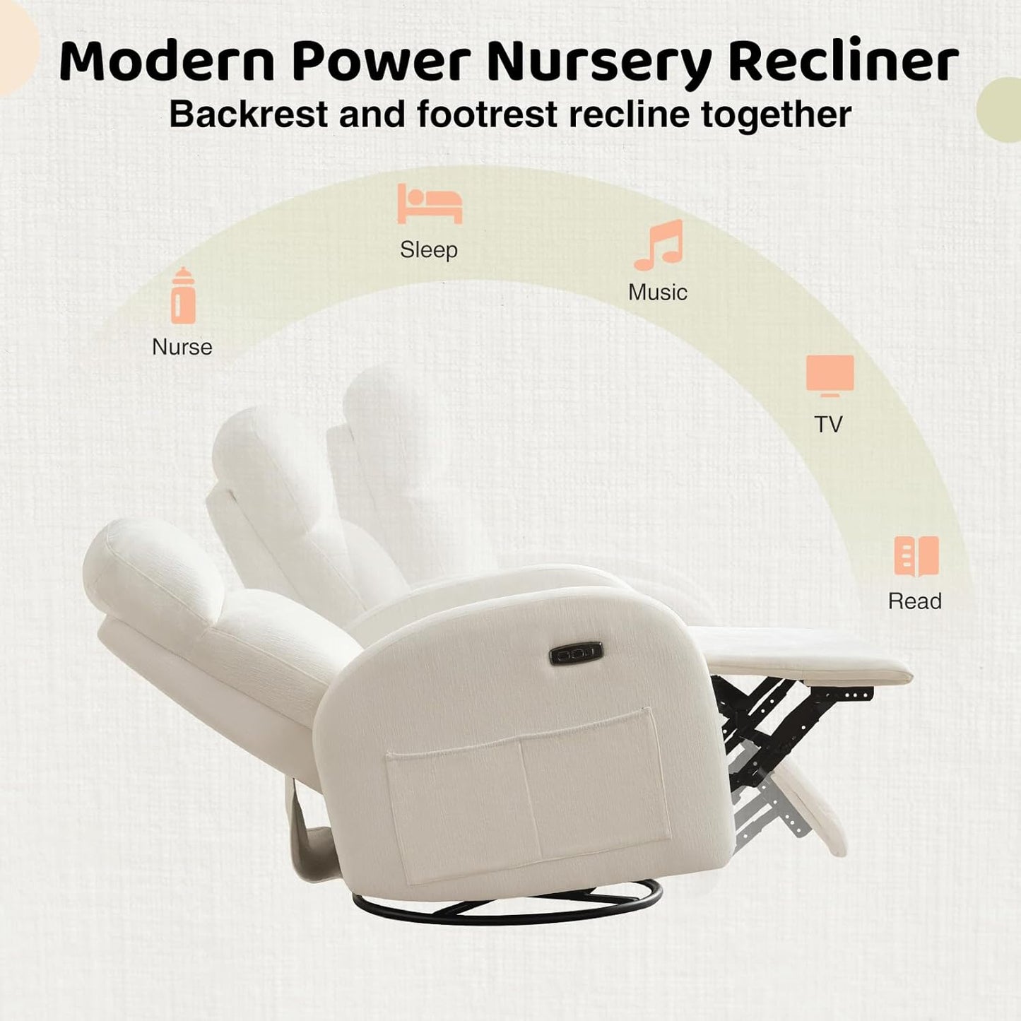 Nursery Glider Recliner, Power Swivel Rocking Recliner with USB & Type-C Port, Swivel Nursering Reclining Rocker with Double Pockets for Living Room, Camel Chenille