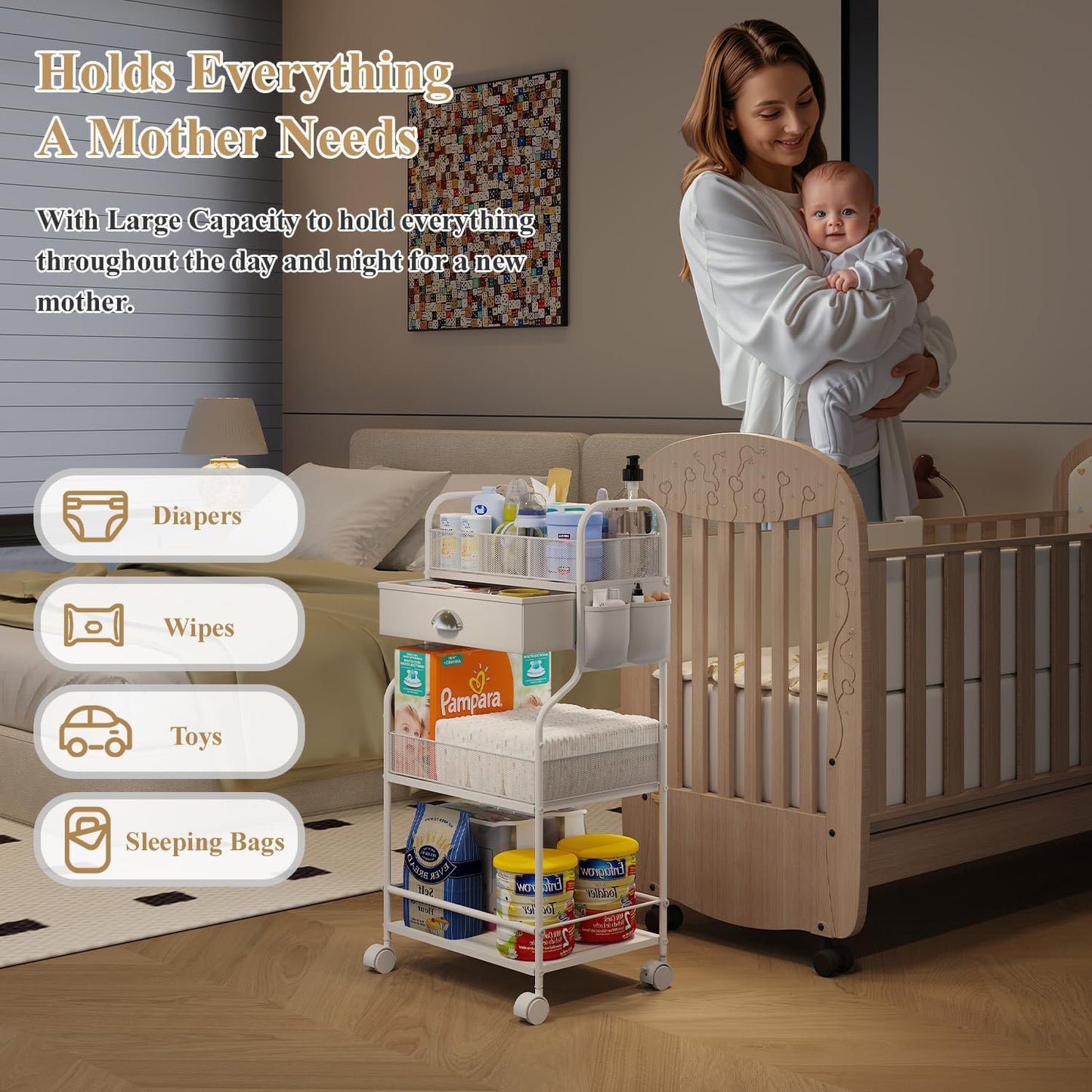 3-Tier Baby Diaper Caddy Cart Organizer,Mobile Nursery Storage Carts with Wheels,With 2 Dividers&14 Mesh Pockets Durable Metal Utility Cart for Nursery, Bedroom, Bathroom, Baby Essentials Organization