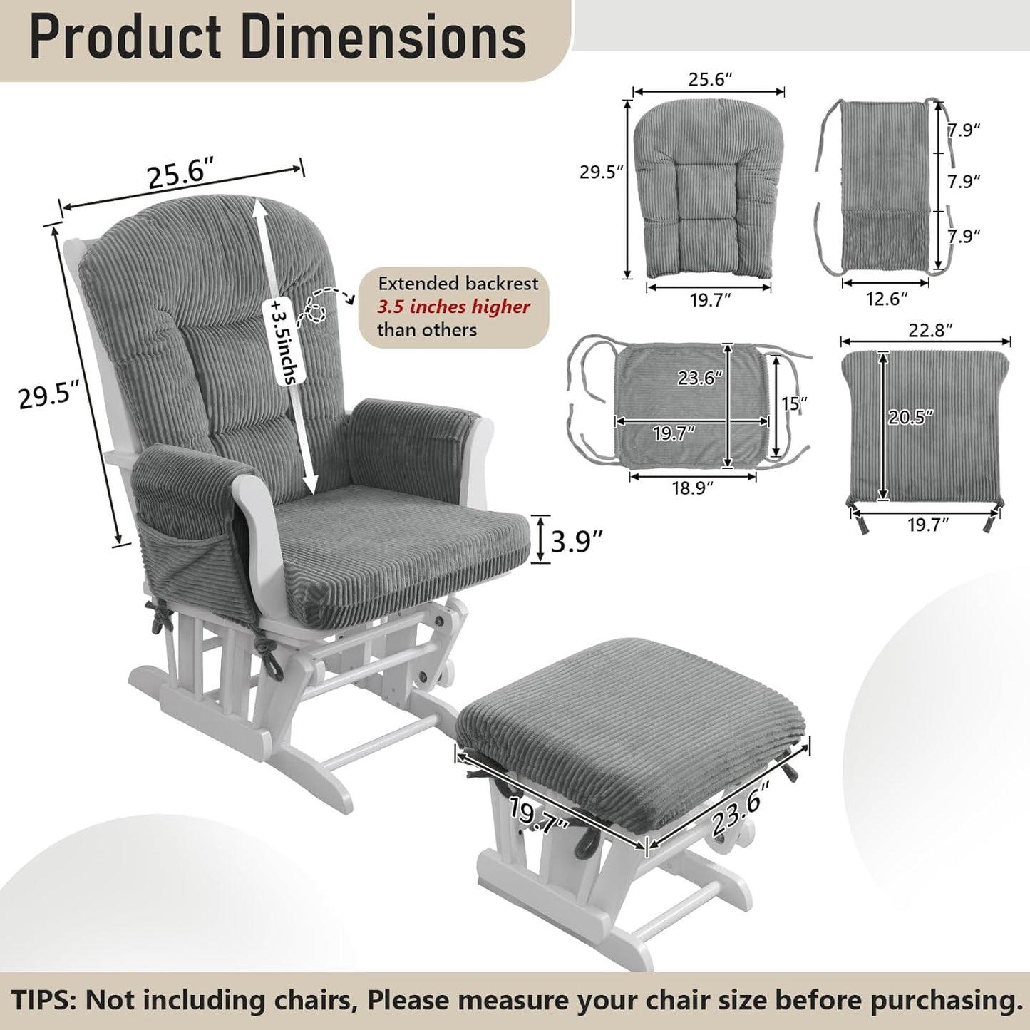 5PCS Glider Rocker Replacement Cushions with Storage Side Pockets, Thickened 3.5IN Seat & Supportive Striped Plush Rocking Chair Cushion Set with Ottoman Cover for Indoor Nursery, Beige