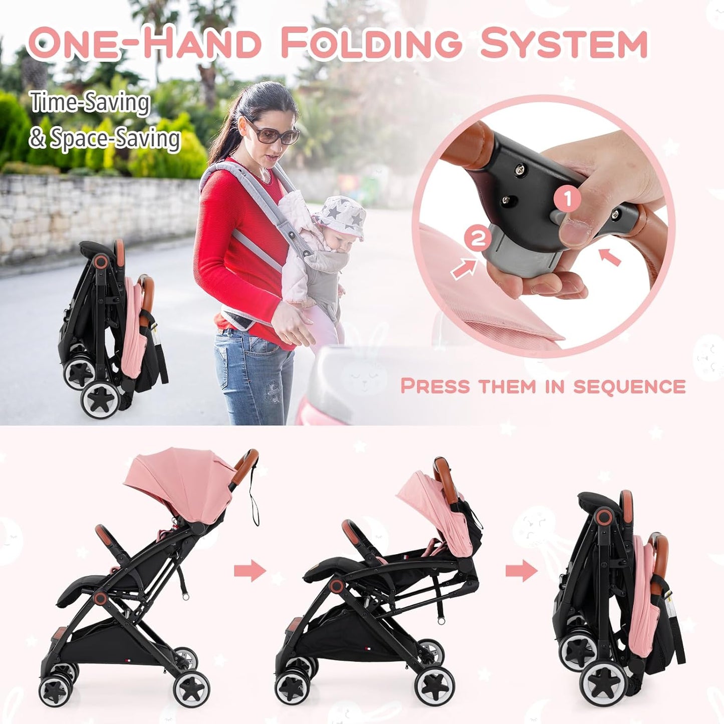 HONEY JOY Travel Stroller, One-Hand Quick Fold Lightweight Umbrella Stroller for Airplane, Wrist Wrap & Net, Multi-Position Recline, Overhead Friendly Compact Stroller for Newborn and Toddler(Gray)