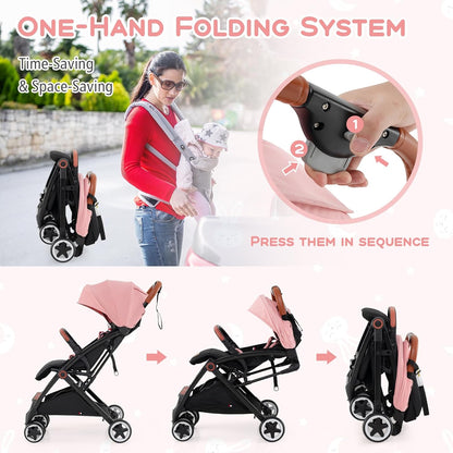 HONEY JOY Travel Stroller, One-Hand Quick Fold Lightweight Umbrella Stroller for Airplane, Wrist Wrap & Net, Multi-Position Recline, Overhead Friendly Compact Stroller for Newborn and Toddler(Gray)