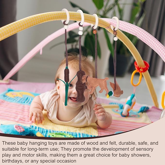 Simgoing 5 Pcs Baby Gym Hanging Toys Baby Wooden Felt Sensory Toys Wooden Activity Pendant for Home Nursery Decoration