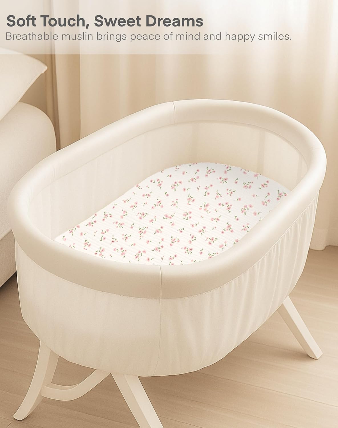 Muslin Bedside Bassinet Sheets 2 Pack, 33x20 Fitted Ultra Soft & Breathable Bedside Sleeper Sheets, Ideal for Baby Girl and Boy, Perfect for Newborns (Hopping Bunnies & Beige)