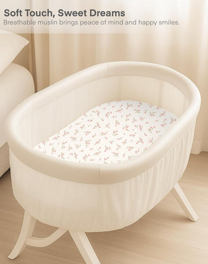 Muslin Bedside Bassinet Sheets 2 Pack, 33x20 Fitted Ultra Soft & Breathable Bedside Sleeper Sheets, Ideal for Baby Girl and Boy, Perfect for Newborns (Hopping Bunnies & Beige)