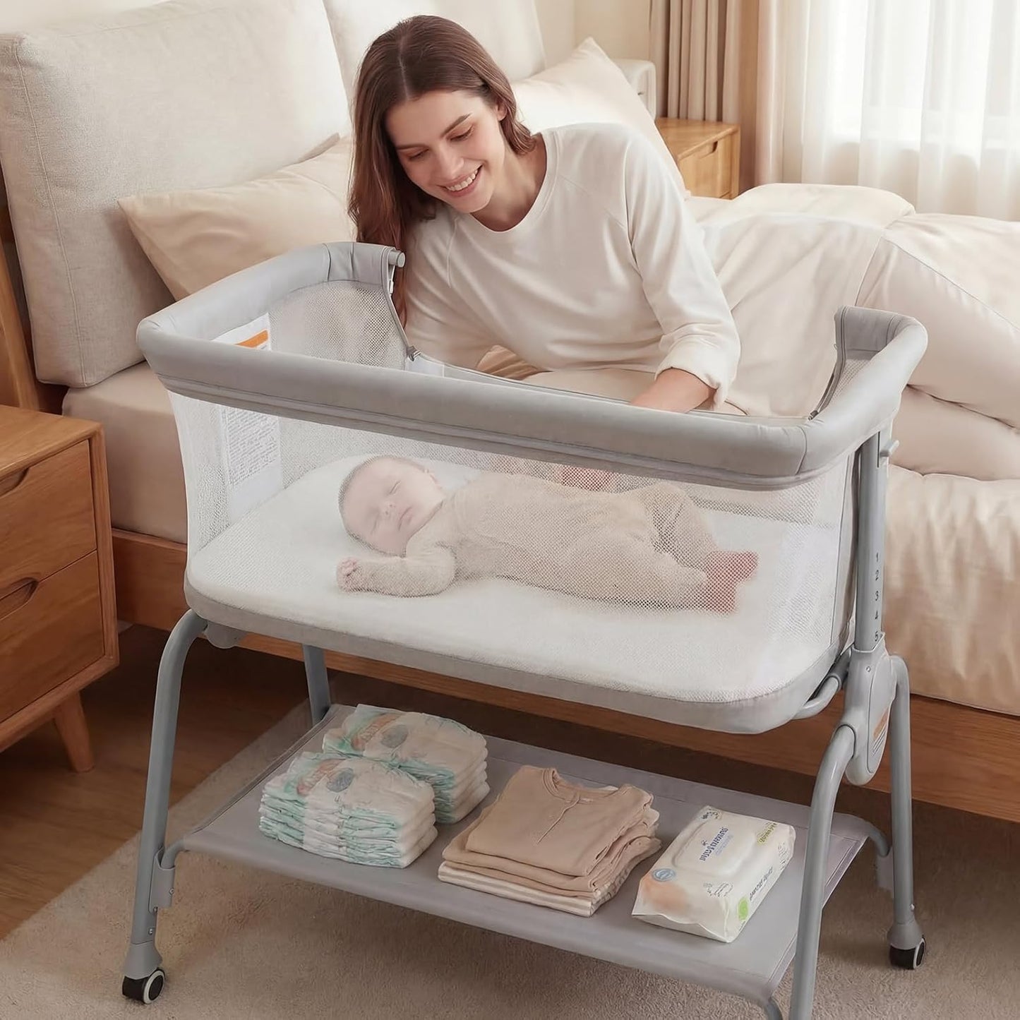 Cowiewie Bassinet Bedside Sleeper, Breathable Baby Bedside Bassinet and Mattress, Lightweight and Portable for Bedside Sleeping, Light Grey