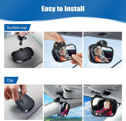 360 Adjustable Rearview Mirror for Rear Facing Infant - Suction Cup & Clip Car Visor Safety Mirror for SUV, Trucks