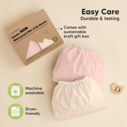 2 Pack and Play Sheets, Waterproof Mini Crib Sheets Fitted - 38x26 Organic Cotton Pack N Play Sheets for Graco Pack and Play Mattress, Playard Baby Crib Sheets,Neutral for Boy,Girl,Toddler(KeaSafari)