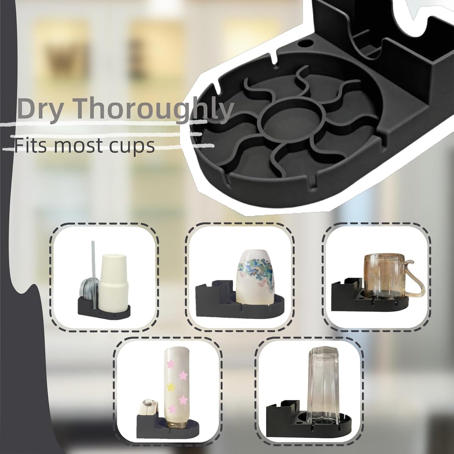 Silicone Bottle Drying Rack for Stanley Cup, Space Saving Tumbler Drying Rack for Water Bottles, Mugs, Glasses, Baby Bottles, Kitchen Accessories with Multifunction Brush(Black)