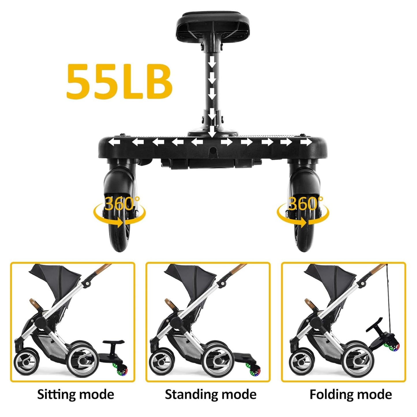 2026 New-Universal Stroller Board with Detachable Seat, 2in1 Sit and Stand Stroller Connectors for Most Strollers, Holds Children Up to 55 LBs Stroller Standing Board(Black)