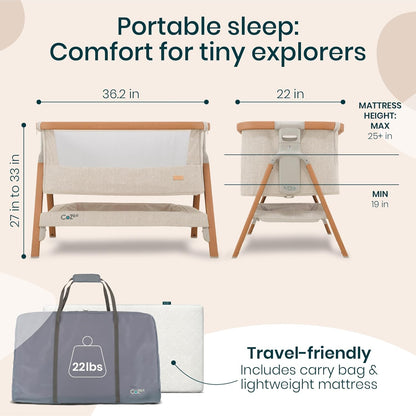 Tutti Bambini CoZee® 2-in-1 Baby Bassinet & Bedside Sleeper - Fast-Folding Bedside Bassinet, Baby Crib with 6 Mattress Heights & Breathable Mesh Window, Mattress Included, 0-6 Months (Oak & Charcoal)